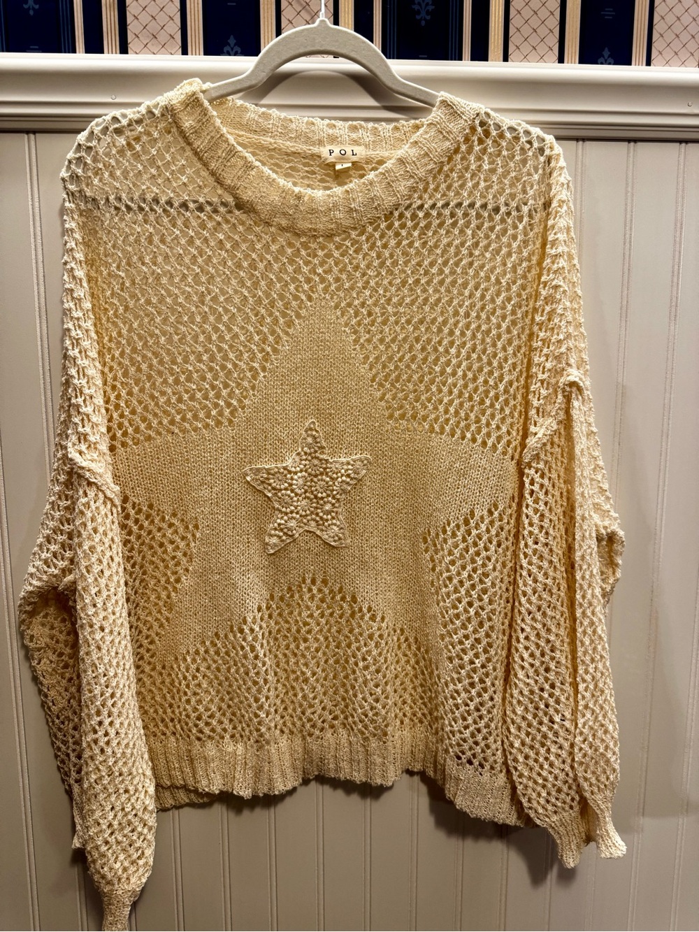 POL Cream Open-Weave Star Crewneck Sweater